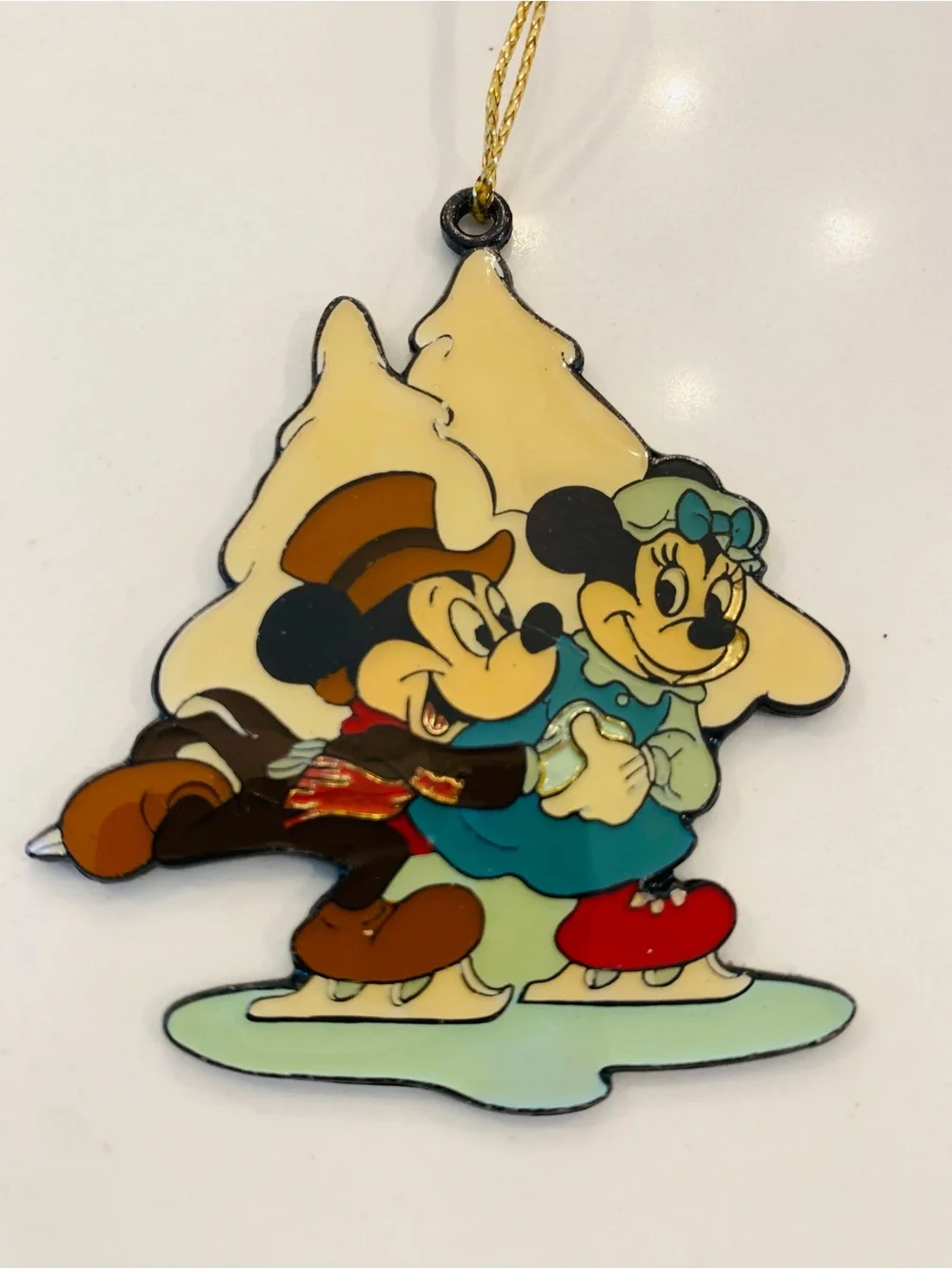 Vintage Disney Christmas Tree Ornament Mickey & Minnie Mouse Ice Skating Enamel